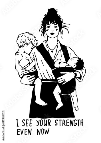 Mother holding two children, black and white vector illustration showing exhaustion, strength, and emotional resilience in modern motherhood