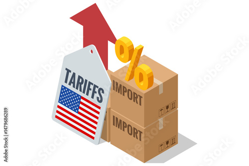 Isometric vector showing shipping containers, money, and a clipboard labeled Import Tariff, representing the financial impact of international trade duties. Import tariffs, trade war and economic