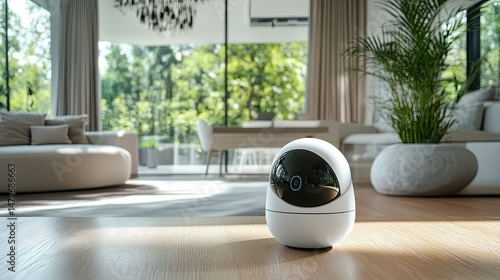 A white security robot on a wooden floor in a bright living room with a large window view outside