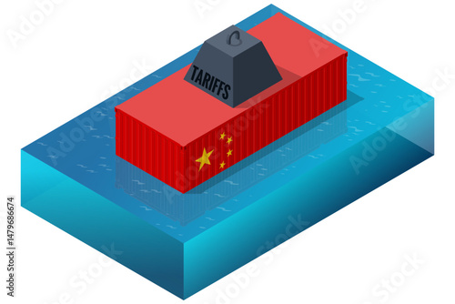 Isometric vector illustration of a Chinese cargo container sinking under the heavy burden of import tariffs in global trade waters. Import tariffs, trade war and economic conflict