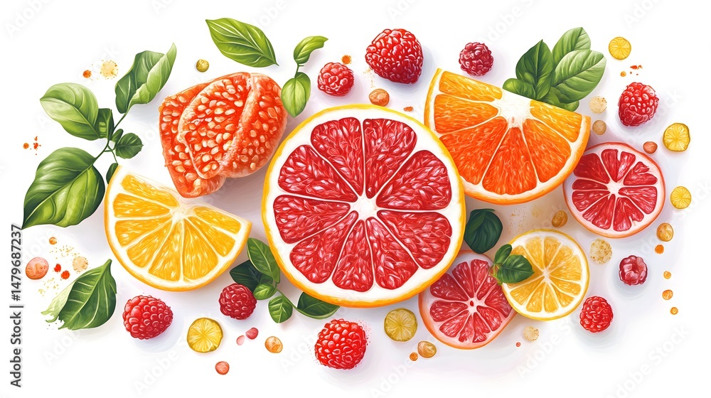 Colorful citrus and berry fruit slices arrangement on a white background. Colorful citrus and berry fruit slices arrangement on a white background.
