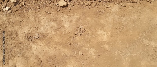 Close-up View of Arid Desert Ground with Rocks and Dirt in Natural Sunlight; Dry Soil Texture Background for Construction and Agriculture