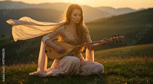 Woman Playing a Saz in a Golden Sunset Landscape