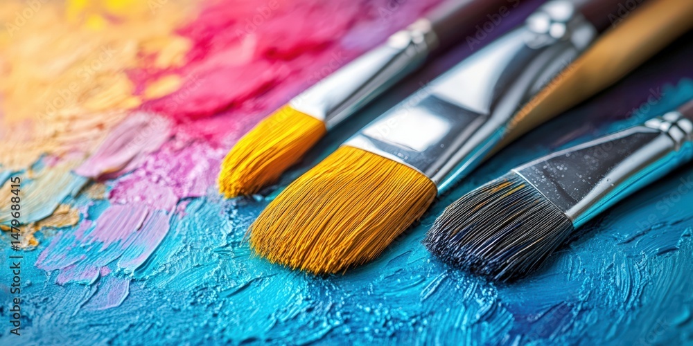 Fototapeta premium Vibrant Artist Brushes on a Colorful Palette for Creative Painting Moments