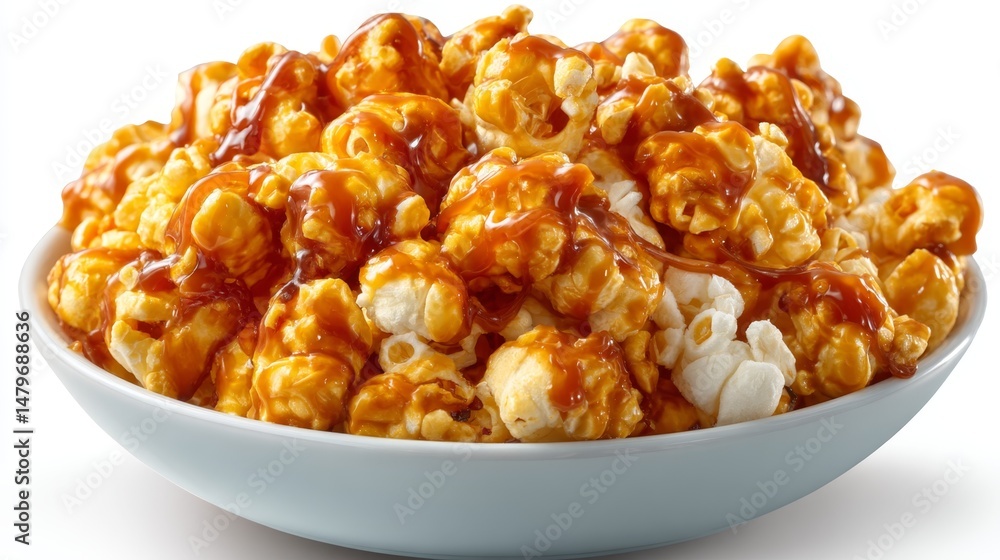 Bowl of caramel popcorn with rich syrup coating on white background. Bowl of caramel popcorn with rich syrup coating on white background.