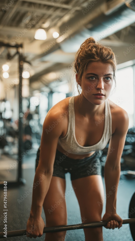 Fototapeta premium In a well-equipped gym, a woman prepares to lift weights with focused intent, showcasing her strength and dedication to fitness during a training session