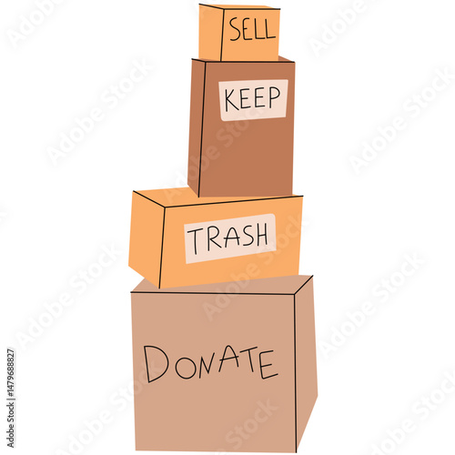 Decluttering Organization Boxes for Sorting Items.  labeled boxes for sorting items during decluttering—sell, keep, trash and donate.