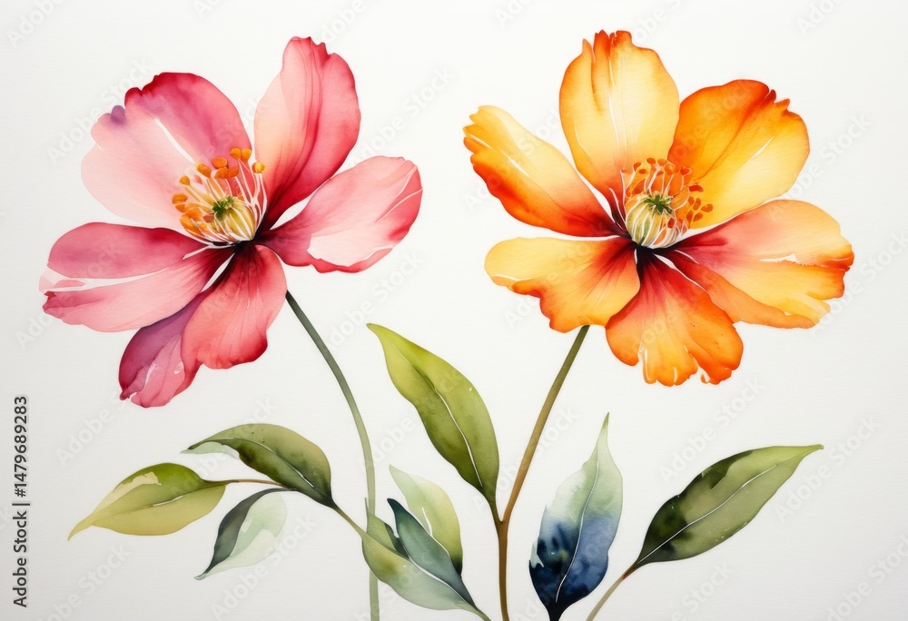 There are two flowers painted on a white surface There are two flowers painted on a white surface