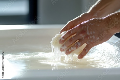 Hands washing soap in a modern bathroom sink, capturing everyday routine.