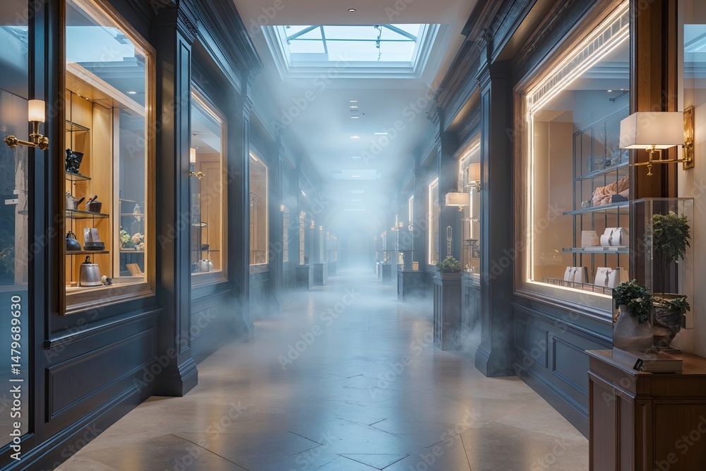 Fototapeta premium Misty Ambiance in Retail Corridor with Elegant Displays and Framed Decor