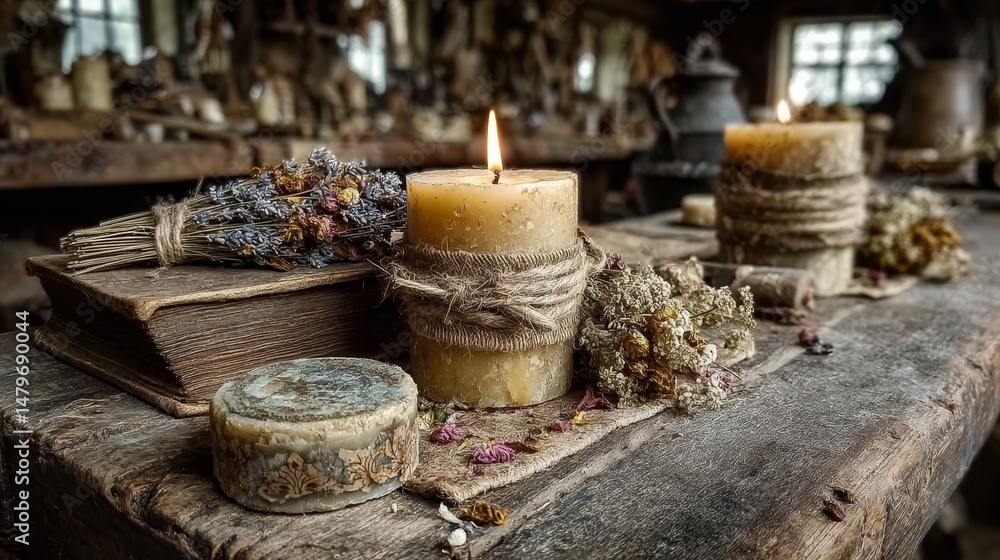Fototapeta premium Rustic candles and dried herbs on wooden table in vintage apothecary setting.