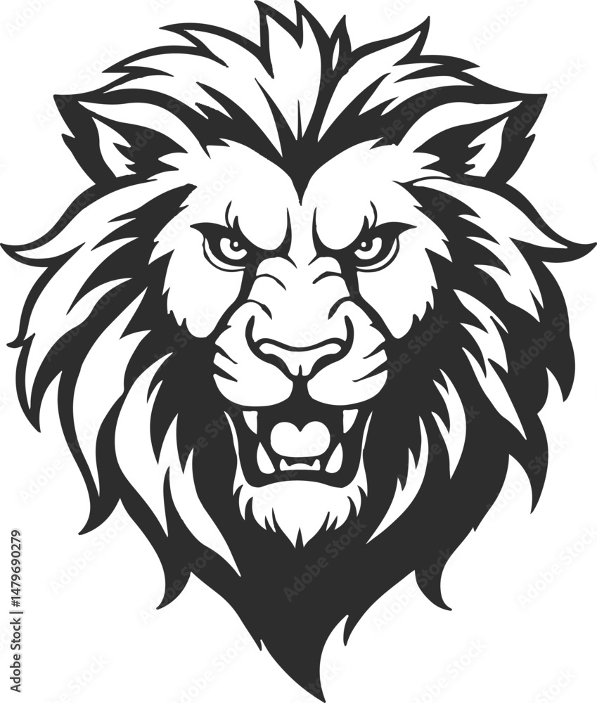 Obraz premium Logo of an angry lion with a lush mane and beautiful eyes, icon of a lion's head silhouette in black.