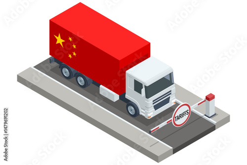 Isometric vector of a Chinese truck stopped at a customs barrier marked "TARIFFS," representing trade restrictions and economic barriers. Import tariffs, trade war and economic conflict