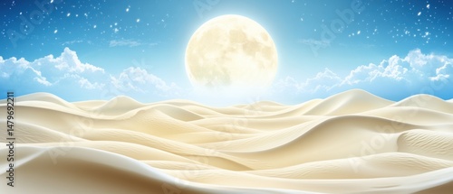 Dreamy Desert Landscape with Full Moon and Starry Sky Scenic View Fantasy Style