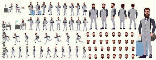 Man Character design. Front, side, back view and explainer animation poses. Character set with lip sync and facial expressions of Happy, angry, sad, Joy with Side walk cycle animation sequence sprite 