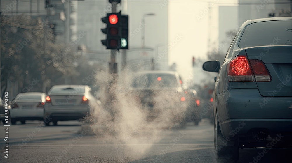 A car idling at a stoplight, emitting light smoke from the exhaust pipe in a busy street A car idling at a stoplight, emitting light smoke from the exhaust pipe in a busy street