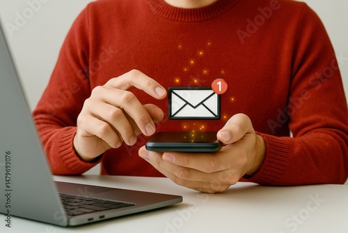 Individual Receiving Email Notification on Smartphone in Stylish Workspace