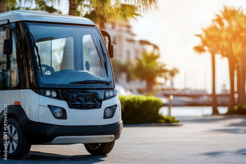 Naklejka premium Hotel Electrical. Golf Car Close Up at Sea Resort with Long Electric Shuttle Passenger Bus