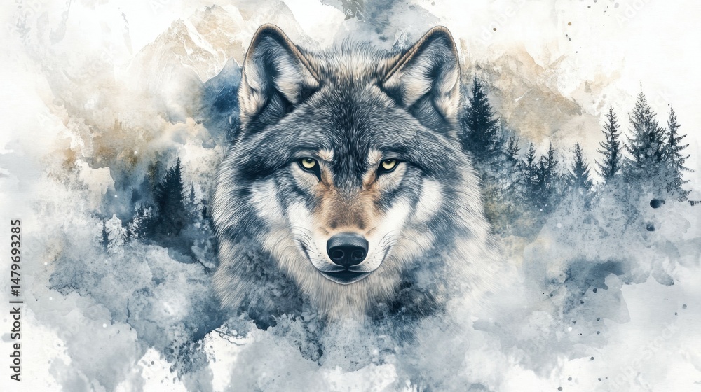 Obraz premium The majestic Alaskan wolf, symbolizing the forest's spirit, captured in a watercolor artwork crafted with Stock stock technology.