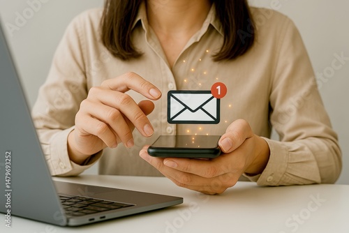 Woman Checking Email Notification on Smartphone in Chic Work Environment