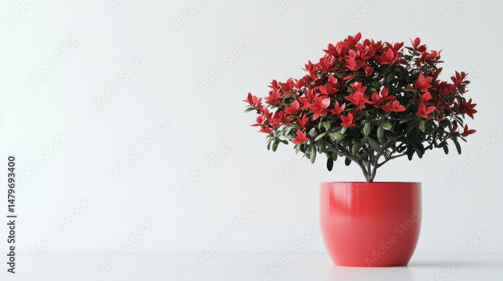Fototapeta premium Red flower pot with symmetrical blooming flowers, styled for product display on a seamless white surface