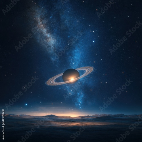 Saturn rising over alien planet landscape with stars and milky way in background wide angle space art