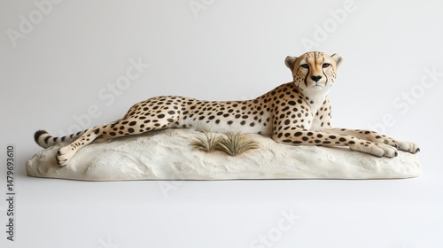 Resting cheetah positioned on a bright white backdrop, highlighting smooth body lines and signature spotted coat