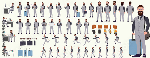 Man Character design. Front, side, back view and explainer animation poses. Character set with lip sync and facial expressions of Happy, angry, sad, Joy with Side walk cycle animation sequence sprite 