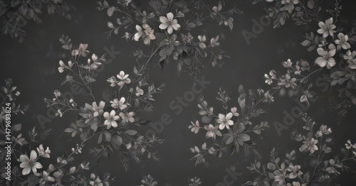 Subtle charcoal floral wallpaper with tiny blossoms and leaves , design, trendy, texture