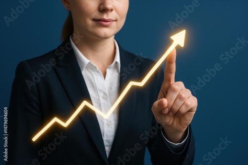 Graph showing an upward trend with a business professional pointing at it