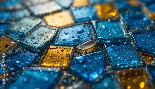 Wallpaper Mural Closeup of Blue and Gold Glass Tiles with Water Droplets Torontodigital.ca