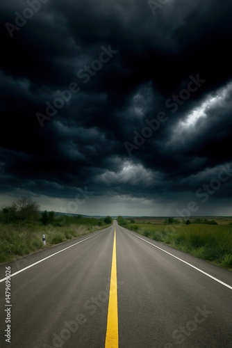 Road disappearing into dark stormy clouds portraying uncertainty