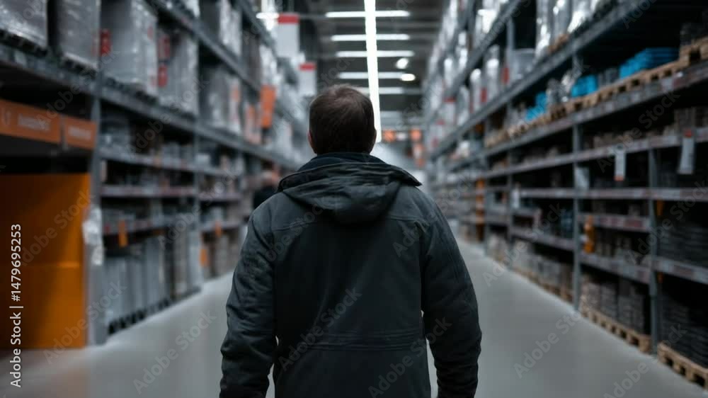 Man walking through an industrial storage aisle in a large supply warehouse, setting is well-lit and organized, showcasing countless shelves. Man walking through an industrial storage aisle in a large supply warehouse, setting is well-lit and organized, showcasing countless shelves.