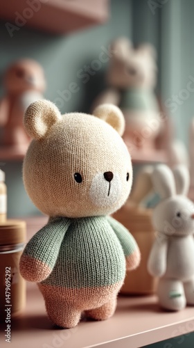 Adorable Handcrafted Bear Doll Sitting Amongst Other Plush Toys on Shelf