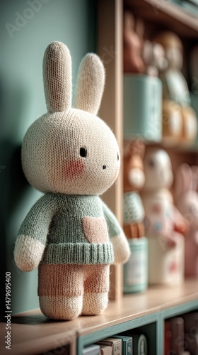 Playful Knitted Bunny Doll Displayed on a Shelf Among Other Cute Decor