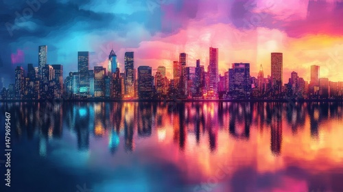 Vibrant urban skyline at sunset with reflective water and abstract colors