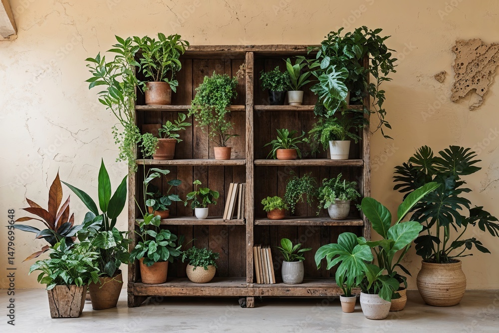 Rustic Bookcase with Diverse Plants on Cream Wall and Textured Decor Rustic Bookcase with Diverse Plants on Cream Wall and Textured Decor