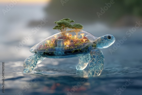 Captivating Turtle with Lush Environment Inside its Transparent Shell