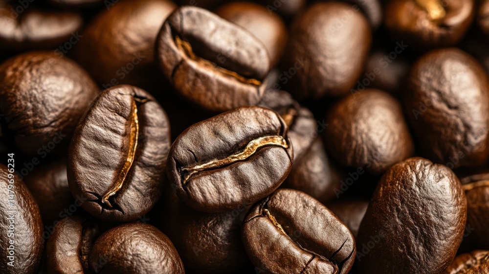 Naklejka premium Background of large coffee beans macro, brown trendy color, mocha mousse style