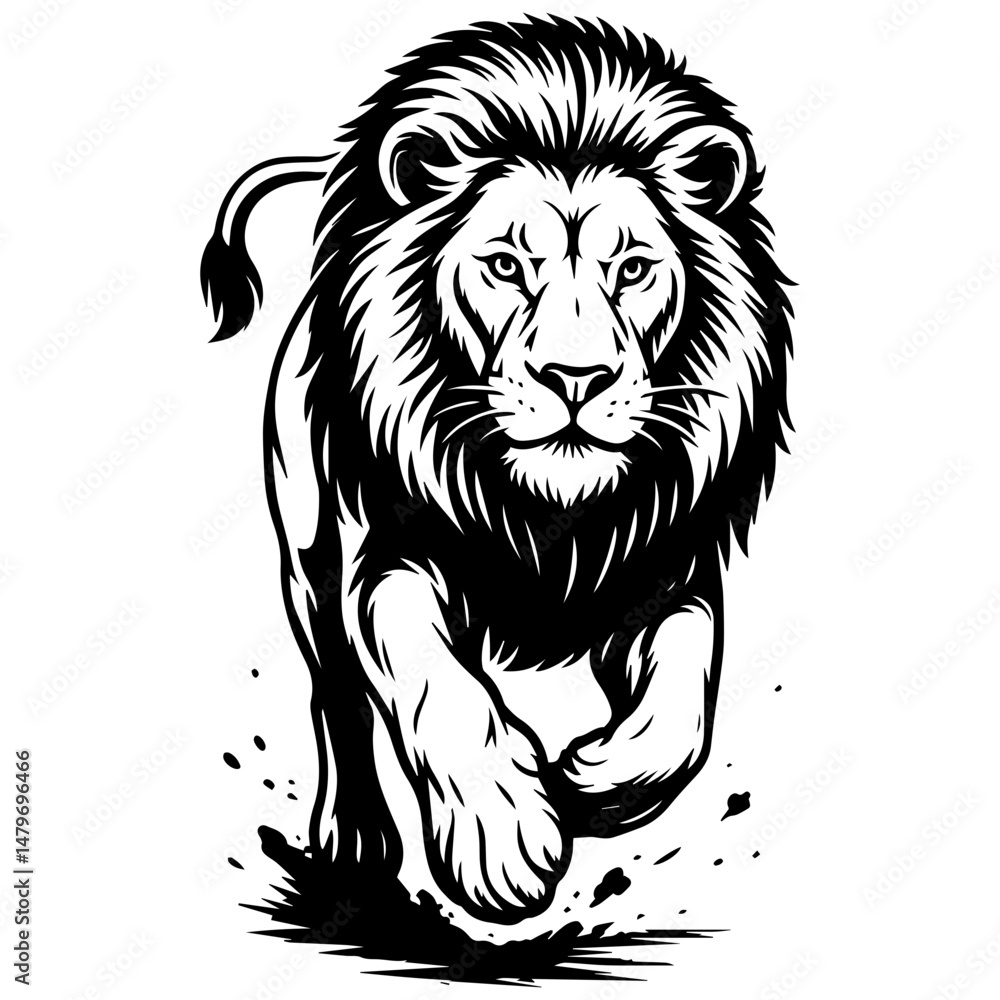 Obraz premium Running lion in black and white vector style, bold dynamic illustration symbolizing strength, power, leadership and wild energy