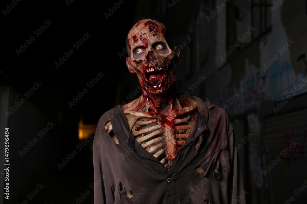 Naklejka premium Horror Apocalypse: Rotting Zombie with Exposed Bones