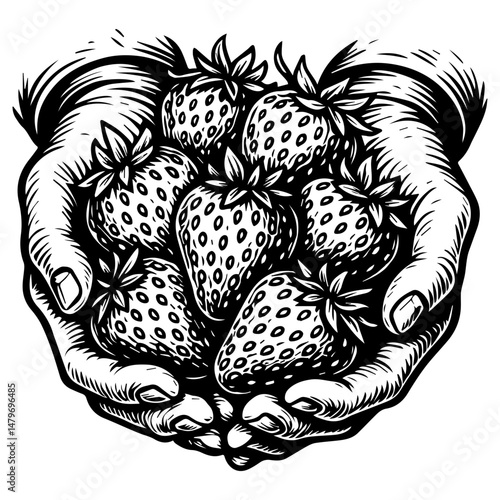 Strawberries held in two hands, black and white vector illustration of fresh fruit harvest, care, and natural abundance