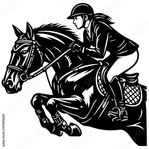 Equestrian woman jumping on horse, black and white vector illustration of show jumping, strength, elegance, and competitive spirit