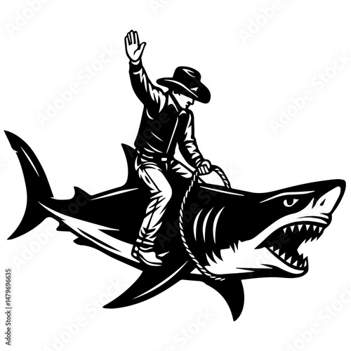 Retro cowboy riding a shark like a rodeo bull, black and white vector illustration mixing western style with surreal ocean power