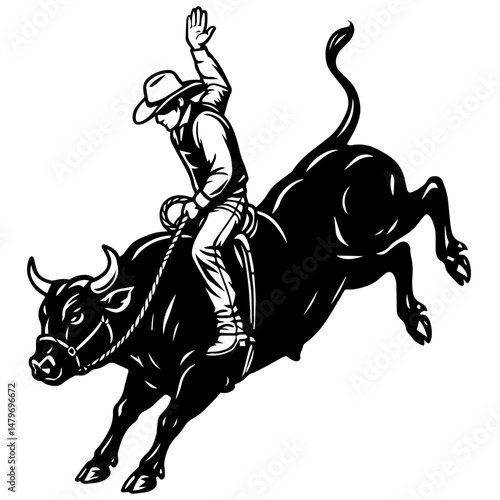 Retro cowboy riding a bucking bull in dynamic pose, black and white vector illustration with bold lines and classic rodeo energy