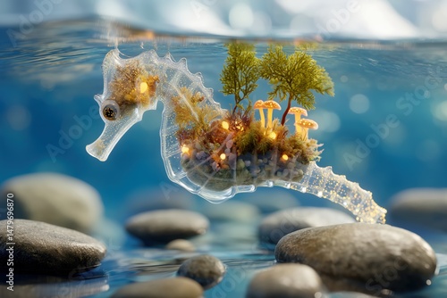 Colorful Seahorse with Ecosystem Inside, Symbolizing Ocean Life Fantasy