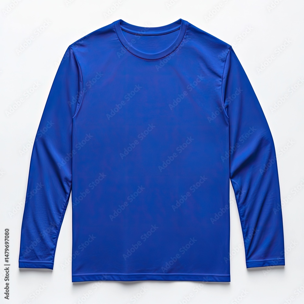 Long-sleeved T-shirt mockup, blue color, front view, white background, no human model, no text or logo on the shirt. Long-sleeved T-shirt mockup, blue color, front view, white background, no human model, no text or logo on the shirt.