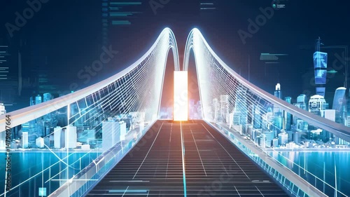 Futuristic Cityscape Bridge Animation With HUD Data Overlay 4k 60.