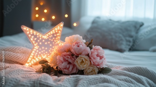 Fototapeta Naklejka Na Ścianę i Meble -  Glowing LED star and a bouquet of artificial peonies on a white bed in the interior.