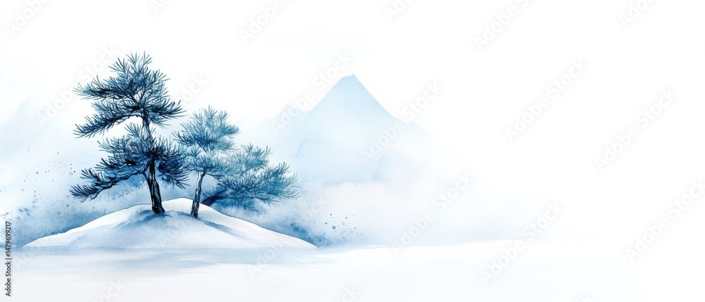 Fototapeta premium Minimalist watercolor painting of snowy pine trees and mountains in serene, wintry landscape on a white background.